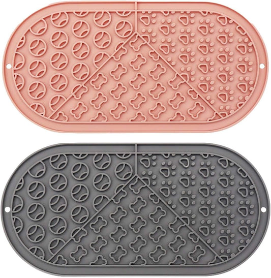 Oval Pet Licking Mat with Suction Cups for Dogs and Cats, Food-Grade Silicone Slow Feeding Puzzle Toy, Non-Slip Dog Treat Mat for Anxiety & Boredom Relief (Pink+Gray)