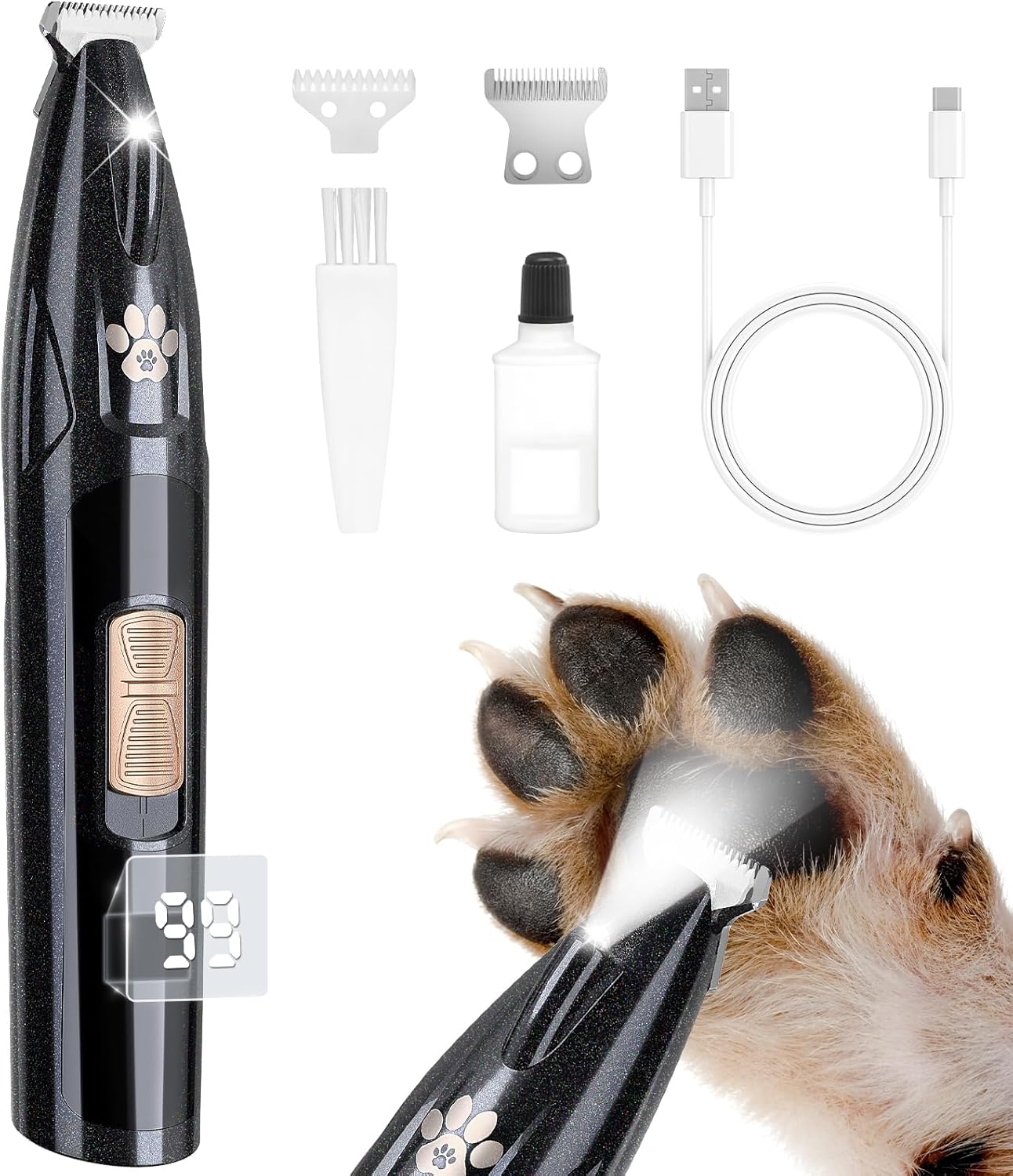 Dog Paw Trimmer with LED Display, 35dB Low Noise Electric Dog Clippers for Grooming, Cordless 20mm-Blade for Trimming Dog's Hair Around Paws, Eyes, Ears, Face, Rump with LED Light (Black)