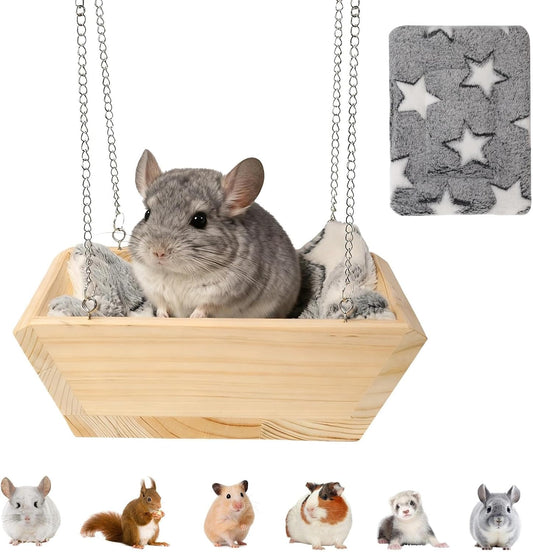 Large Wooden Hanging Bed with Soft Plush Mat for Chinchilla, Hammock for Rat Cage, Guinea Pig Ferret Swing, Small Animal Cage Accessories Resting Nest