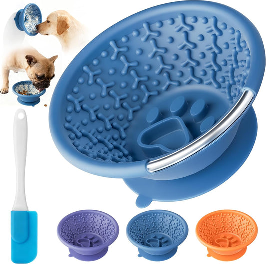 Dog Lick Bowl, Non-Slip Slow Feeder Licking Mat & Treat Dispenser (Wide Bowl Mouth w/Inlaid Stainless Steel Ring) - Interactive Toys, Anxiety Reducer, Freeze Bone for Dogs, BPA Free Silicone (Blue)