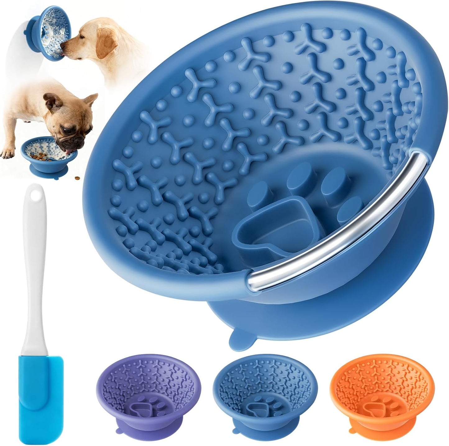 Dog Lick Bowl, Non-Slip Slow Feeder Licking Mat & Treat Dispenser (Wide Bowl Mouth w/Inlaid Stainless Steel Ring) - Interactive Toys, Anxiety Reducer, Freeze Bone for Dogs, BPA Free Silicone (Blue)