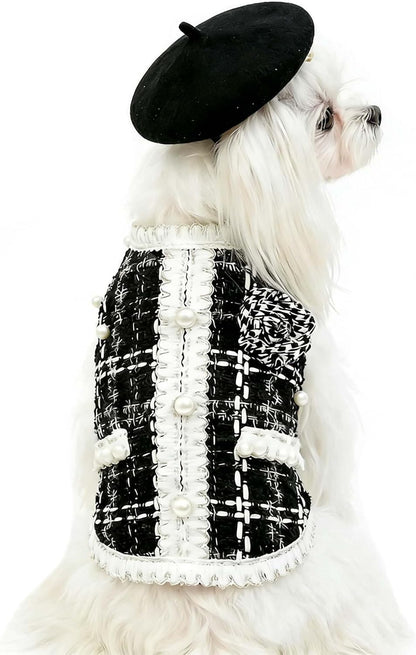 Luxury Dog Clothes Tweed Suits and Beret Hat,Black Winter Warm Pet Coat Vintage Jacket Vest,Cat Artist Costume Cosplay Party Outfits for Small Medium Dogs,XL