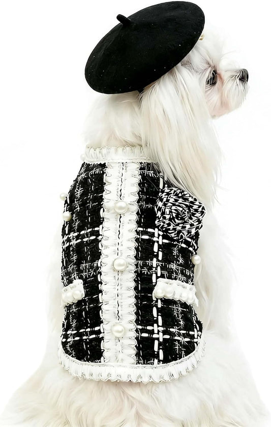 Luxury Dog Clothes Tweed Suits and Beret Hat,Black Winter Warm Pet Coat Vintage Jacket Vest,Cat Artist Costume Cosplay Party Outfits for Small Medium Dogs,XL