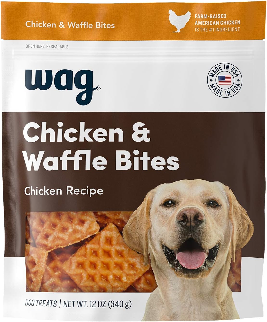 Amazon Brand - Wag Dog Treats, Chicken and Waffle Bites, 12 oz Resealable Pack of 1
