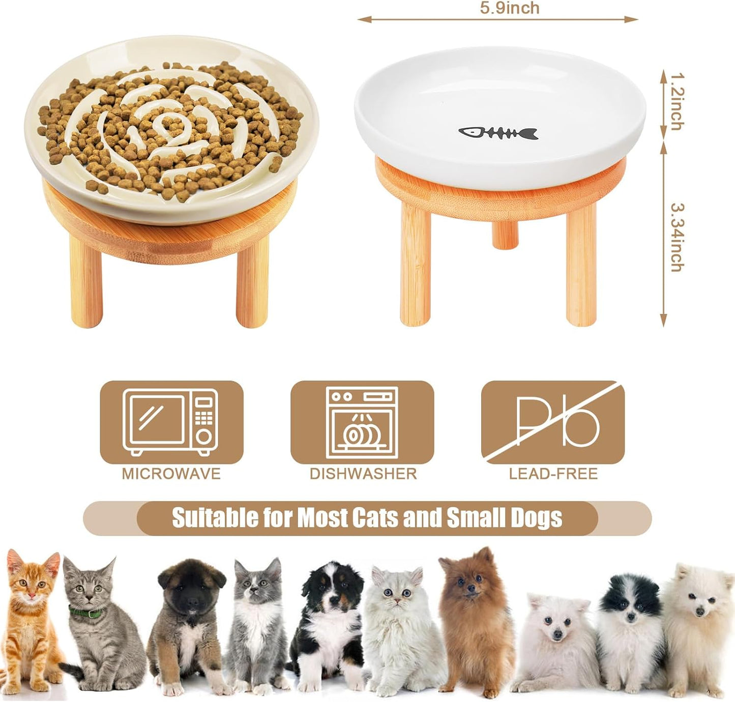 Shallow Elevated Cat Bowls with Bamboo Stand, 5.9 Inch Raised Slow Feeder Cat Bowl and Wide Ceramic Cats Bowls Whisker Friendly, 2 Pack Pet Dishes for Dry and Wet Food Dishwasher Safe