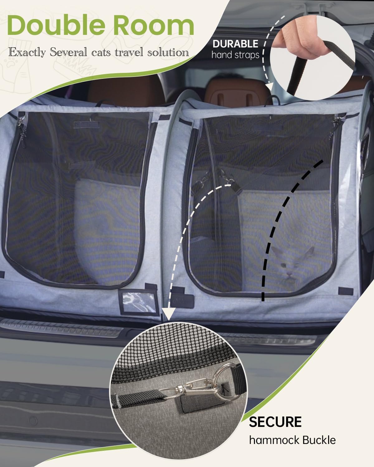 Portable Twin Compartment Show House Cat Cage Condo,Comfy Puppy Home Dog Travel Crate with Carry Bag,2 Hammocks and Mats & Collapsible Litter Box and Water Bottle