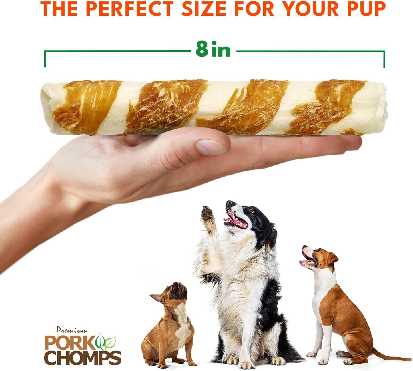Pork Chomps Baked Pork Skin Dog Chews, 8-inch Rolls, Real Chicken Wrap, 2 Count