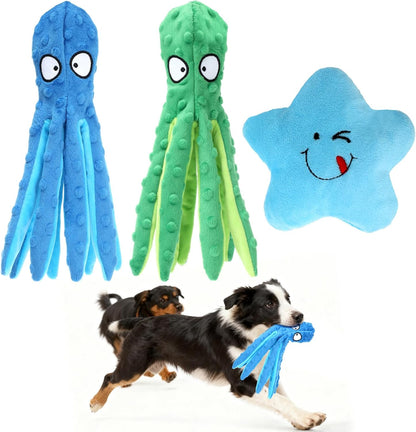 3 Pack Squeaky Dog Toys Octopus No Stuffing Crinkle Plush Dog Toy Interactive Puppy Teething Chewing Pet Supplies for Chewer, Small, Medium (Blue, Green)