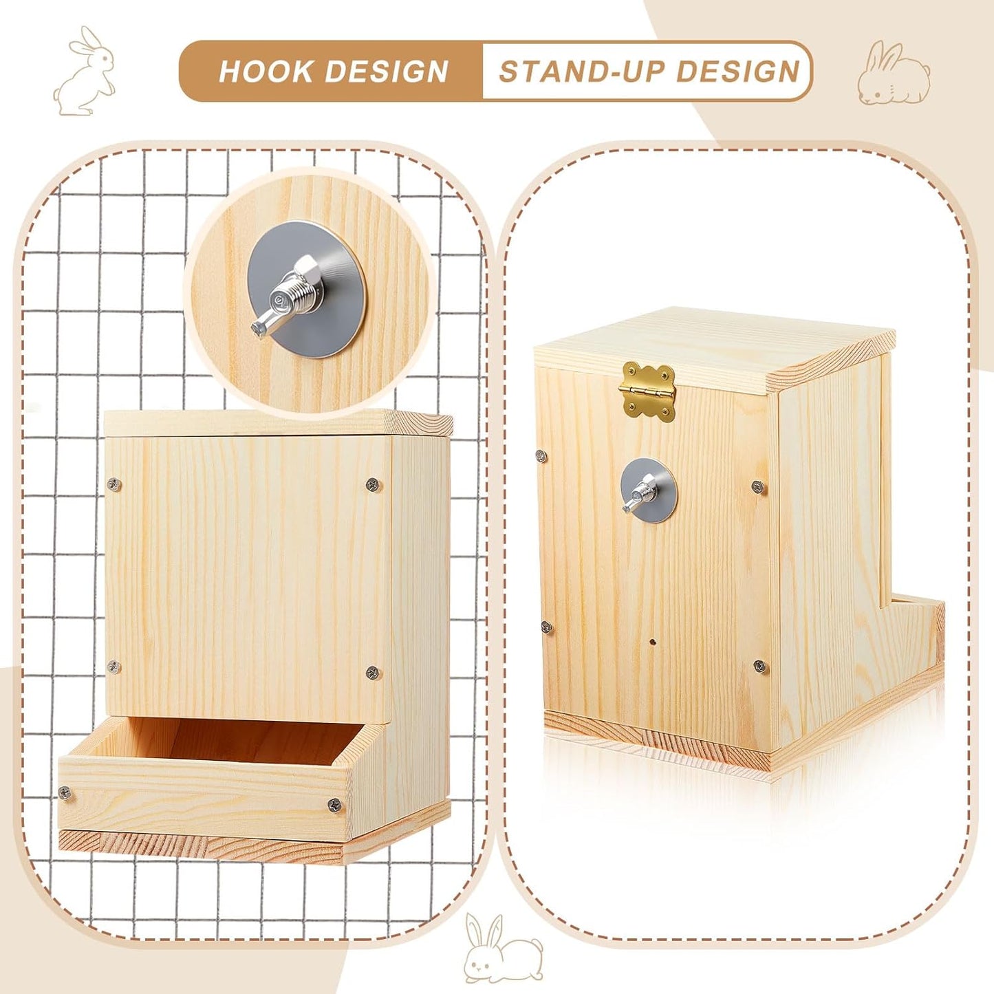 Maxcheck Wooden Rabbit Feeder for Cages, Automatic Small Animal Food Dispenser with Lid, Wood Chicken Grit Oyster Shell Feeders Outside, for Rabbits Ferrets and Other Small Pet Animals