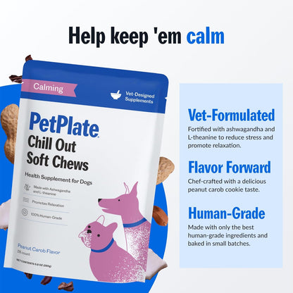 PetPlate Chill Out Soft Chews, Calming and Relaxation Support Supplement for Dogs, Organic and Human-Grade Ingredients, Includes Ashwagandha & L-theanine, Pet Supplies (Pack of 1, 9.8 Ounce)