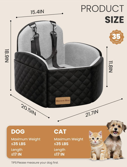 Dog Car Seat for Small/Medium Dogs, Elevated Dog Booster Seat Memory Foam Puppy Car Seat with Washable Cover, Travel Safety Pet Seat Bed for Car with Storage Pockets Up to 35 lbs (Black/Grey)