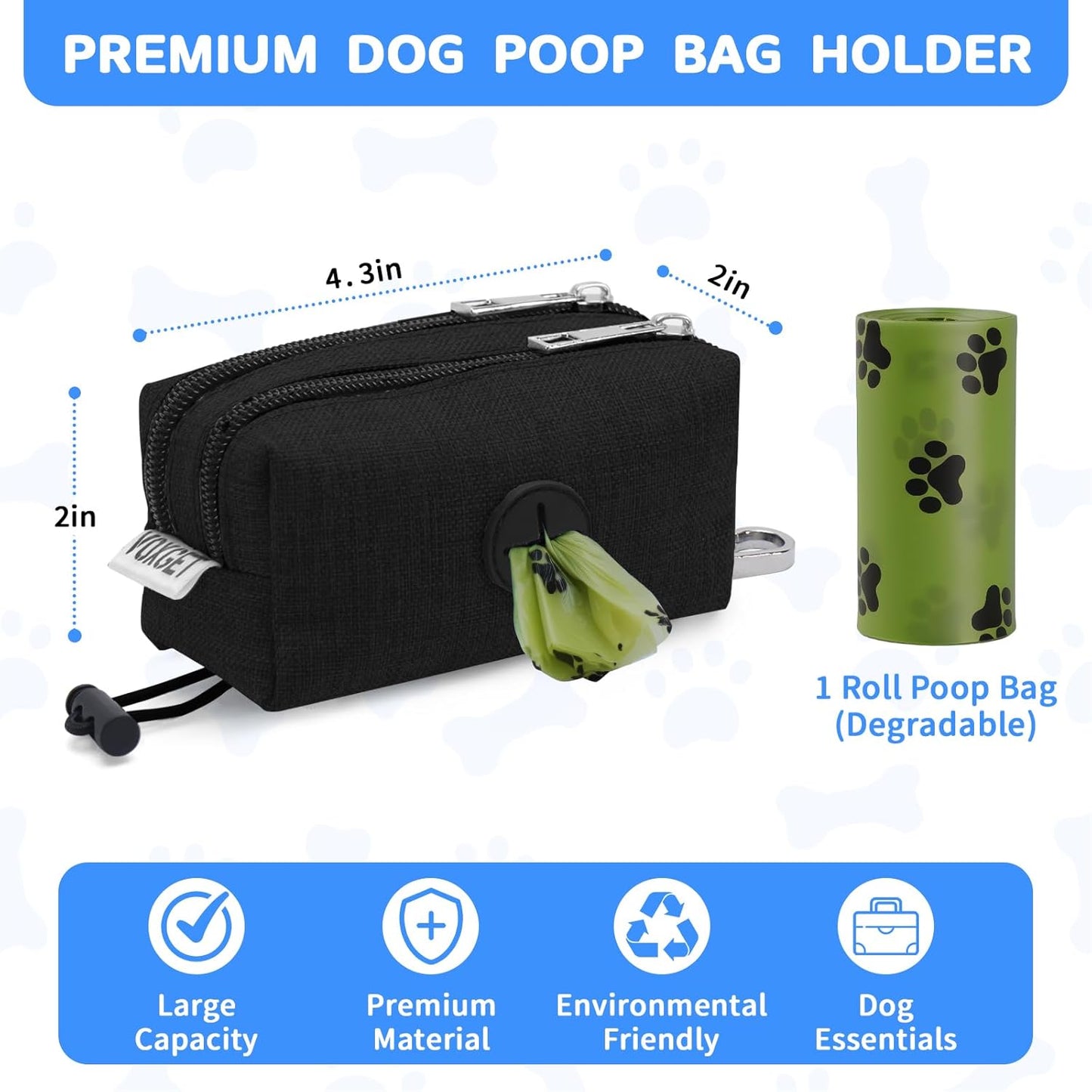 Dog Poop Bag Holder for Leashes, Puppy Treat Pouch Carrier with 2 Zipper Pockets and Clip for Pets Doggy Training, Dog Waste Bag Dispenser with 1 Roll Poop Bags for Walking Accessories (Black)