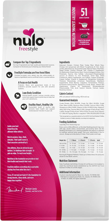 Nulo Freestyle High Protein Cat & Kitten Food, Chicken & Cod Recipe - Natural Grain-Free Dry Cat Food with Omega Fatty Acids & Probiotics, 2 lb Bag