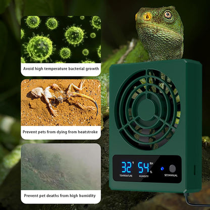 Reptile Ventilation Fan with Humidity Sensor and High-Temp Alarm, Digital Display Fan Dehumidifier for Reptile Terrariums, Suitable for Humid Environments, Rainforests and Vivariums - Green