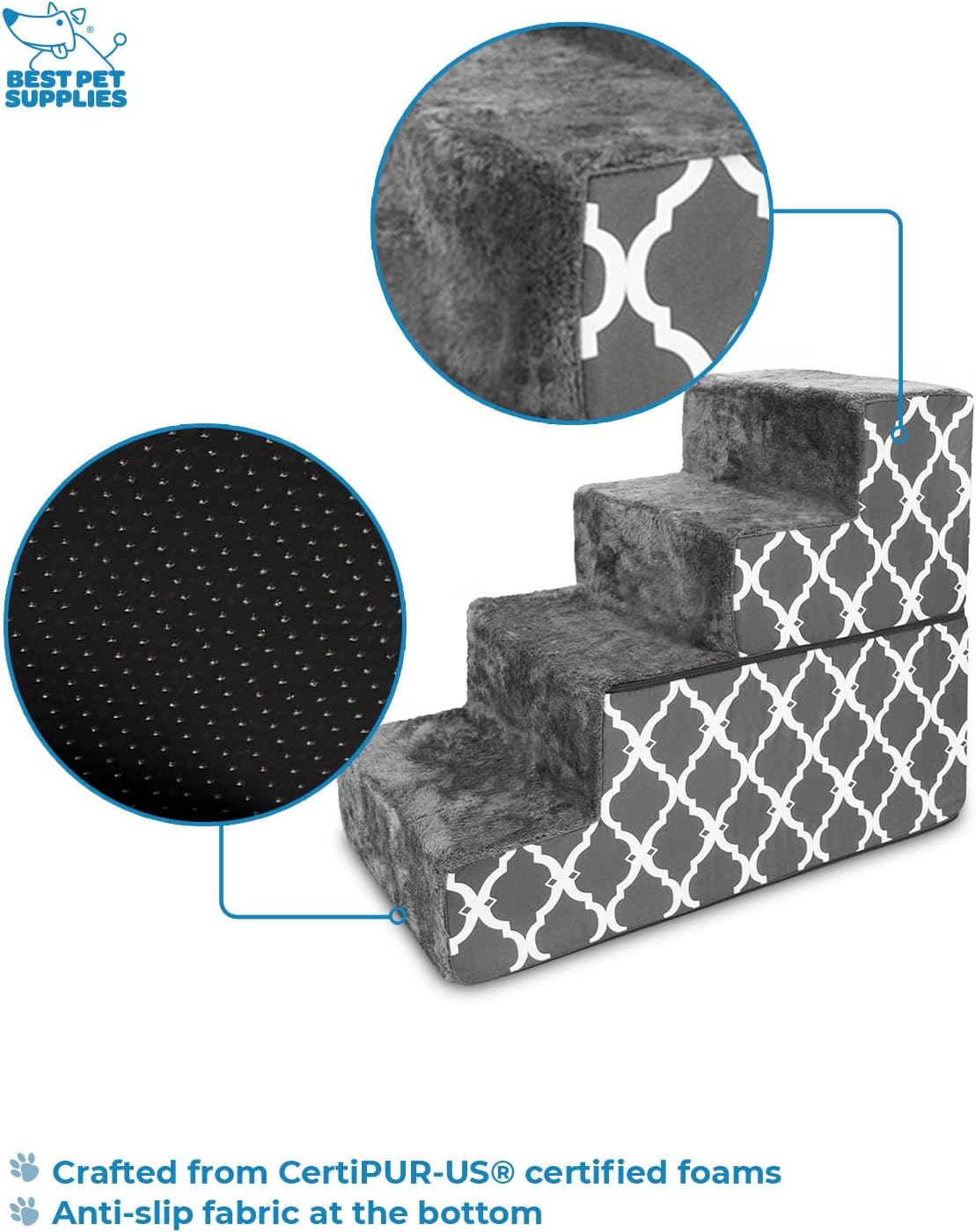 Best Pet Supplies Foldable Foam Pet Steps for Small Dogs and Cats, Portable Ramp Stairs for Couch, Sofa, and High Bed Climbing, Non-Slip Balanced Step Support, Paw Safe - Gray Lattice, 4-Step (H: 22")