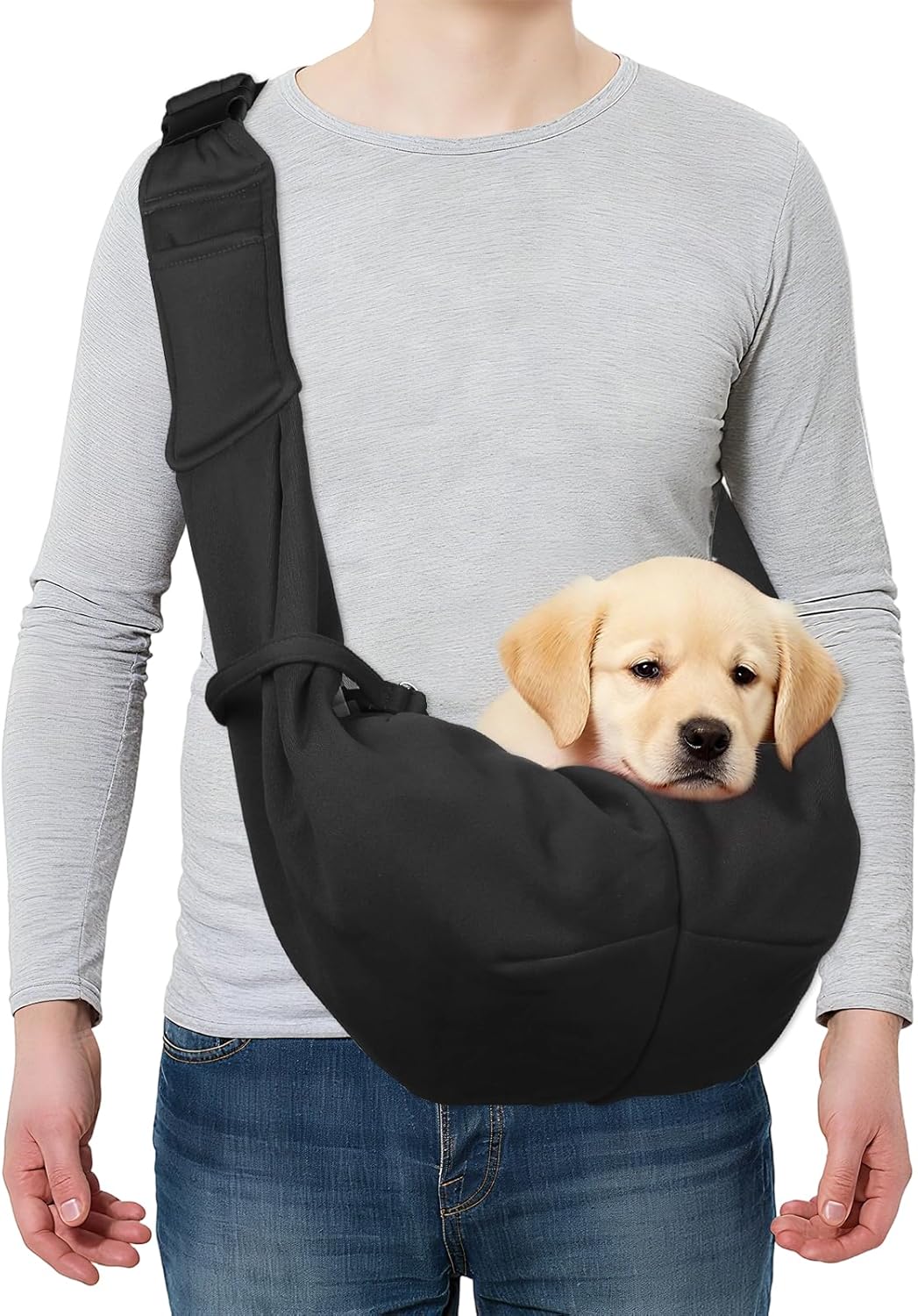 Dog and Cat Sling Carrier Up to 16.5 Lbs, Hand-Free Reversible Pet Sling Carrier with Adjustable Strap and Pocket, (Black, 1 Pcs) Intended for Hiking/Camping/Traveling