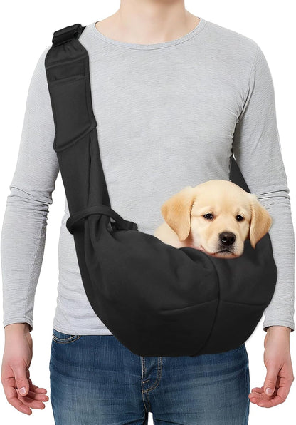 Dog and Cat Sling Carrier Up to 16.5 Lbs, Hand-Free Reversible Pet Sling Carrier with Adjustable Strap and Pocket, (Black, 1 Pcs) Intended for Hiking/Camping/Traveling