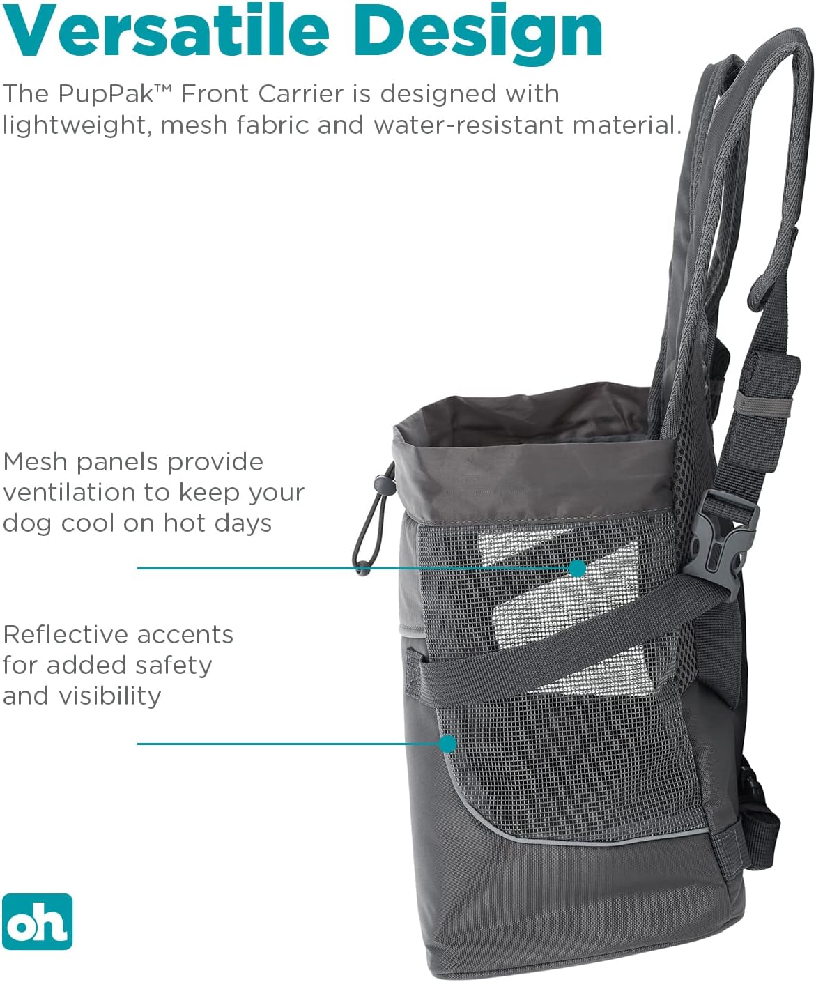 Outward Hound PupPak Dog Front Carrier, Medium, Grey – Hands-Free Hiking & Camping Pet Backpack for Small Pets up to 20 lbs, Padded Straps, Breathable Mesh, Water-Resistant, Safety Clip