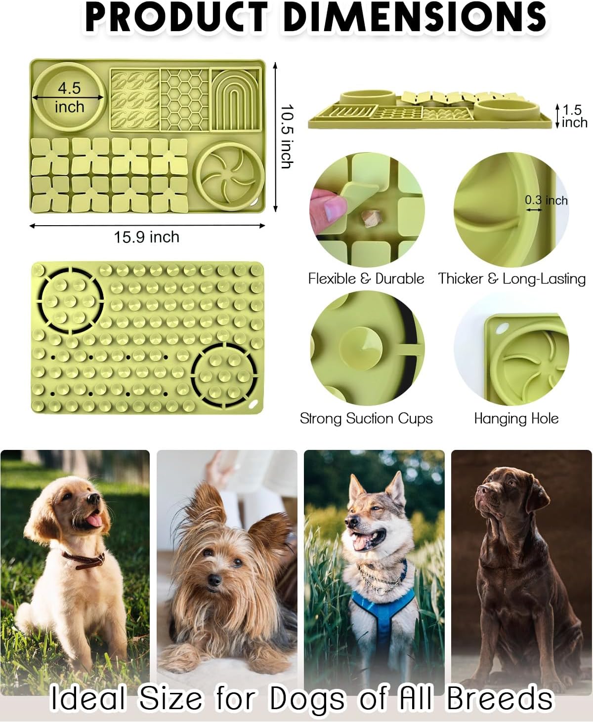 4-in-1 Silicone Snuffle Mat for Dogs, Dog Slow Feeder Bowl & Lick Mat with Suction Cups, Dog Puzzle Feeder Toy Sniff Mat for Smell Training Slow Eating Keeping Busy, Green
