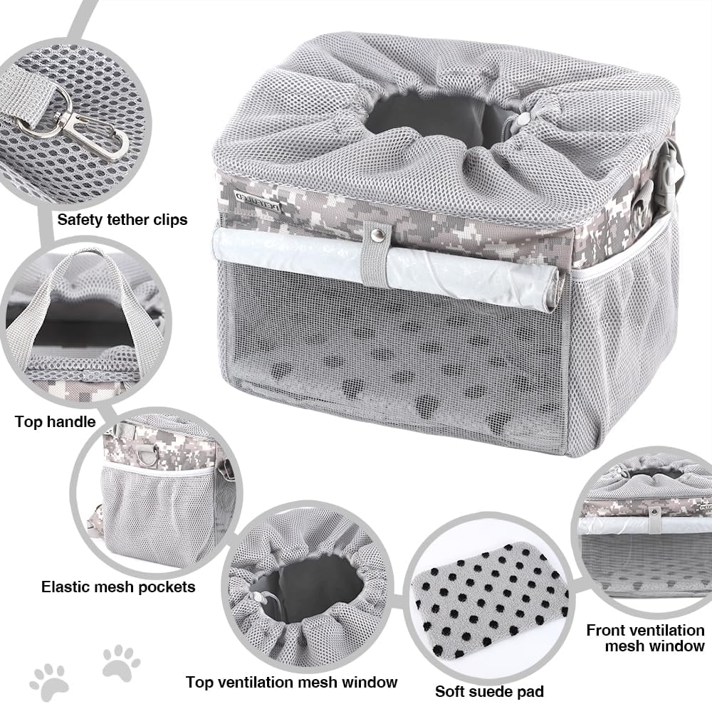 Dog Bike Basket, Pet Bicycle Carrier, Dog Car Seat with Safety Rope, Adjustable Shoulder Strap Portable Breathable Bicycle Basket Bag for Dogs and Cats Up to 15lbs