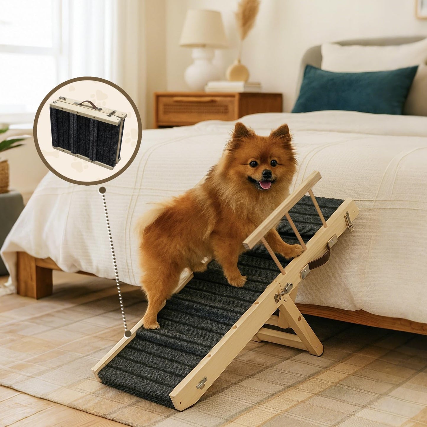 2025 Small Dog Ramp for Small Dogs Cat with Removable Safety Side Rails,Adjustable Height from 9'' to 18.5",Foldable Dog Ramp for Low Bed Sofa,Wooden Pet Ramps for Bed Couch