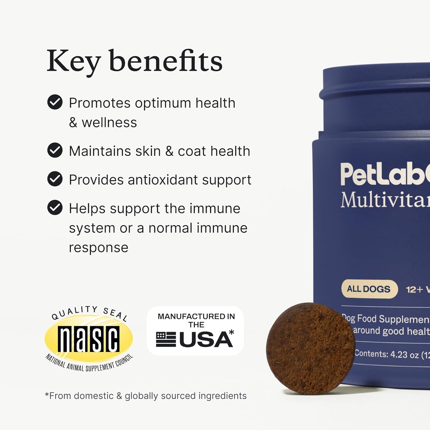 PetLab Co. 22 in 1 Dog Multivitamin - Support Dog's Immune Response, Skin, Coat, Joints & Overall Health - Vitamins A, E, D, B12, Minerals, Antioxidants - Chewable Pork Flavor - Packaging May Vary