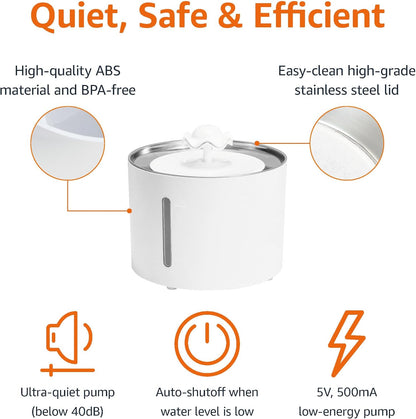Amazon Basics Pet Water Fountain with Stainless Steel Top, 3L ,White (3 Filters included)