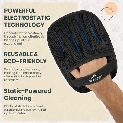 Pet Hair Remover Glove – Reusable Electrostatic Pet Hair Removal Glove for Furniture, Carpet & Car – Upgraded Design Cat & Dog Hair Mitt for Cleaning (Black - 2 Pack Gloves)