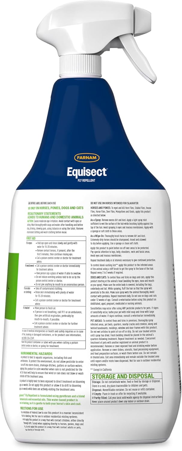 Farnam Equisect Water-Based Botanical Fly Repellent with Herbal Scent for Horses, Dogs and Cats, 32 Ounces
