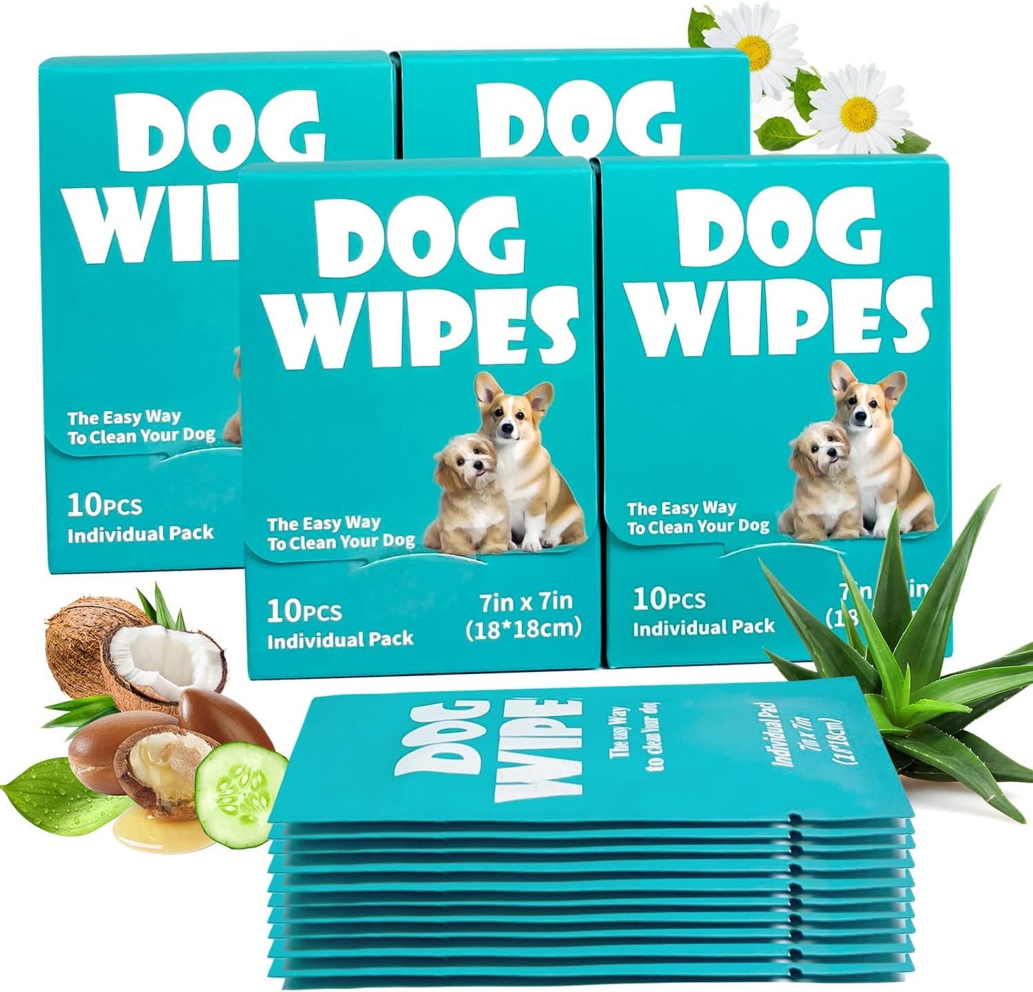 Dog Wipes, Pet Grooming Cleaning Wipes for Dogs, 7x7 Inch, 40 Count Individual Packs, Hypoallergenic Unscented for Face, Paws, Body