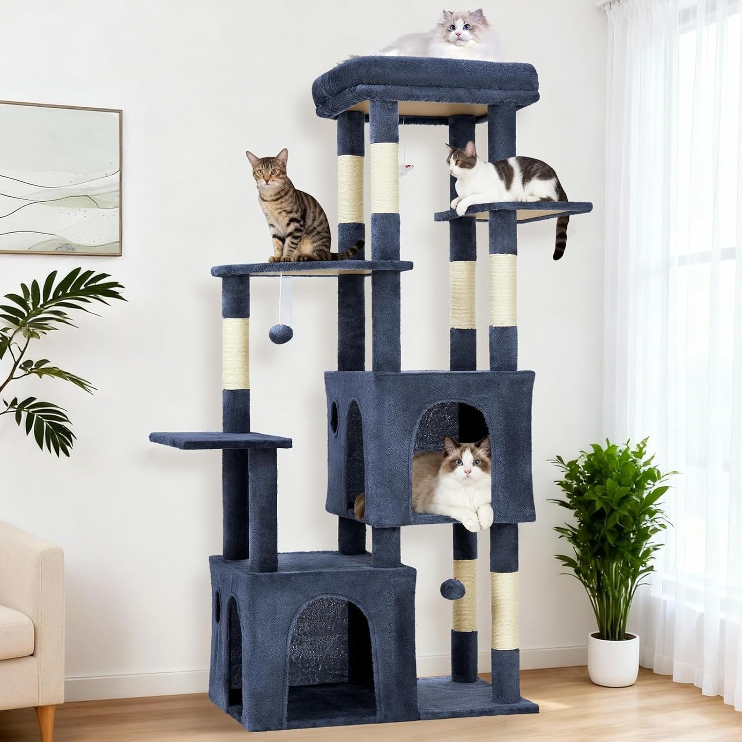 GarveeLife 61" Multi-Level Cat Tree for Indoor Cats, Heavy-Duty Tower for Large Adult & Maine Coon Cats with Oversized Perch, Dual Condos, Natural Sisal Scratching Posts & Play Toys – Blue