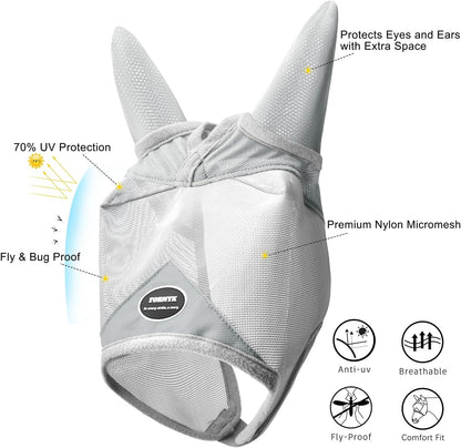 Horse Fly Mask, Adjustable Fly Masks for Horses with Ears, Breathable and 70% UV Protection, Comfort Mesh Without Nose Cover, Horses Accessories (Grey, Blue, Small)