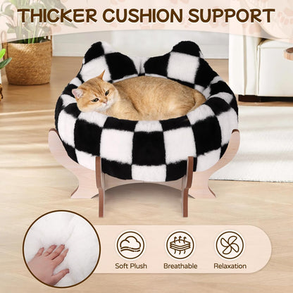 Elevated Cat Bed for Indoor Cats, Pet Couch Bed with Removable Fluffy Cushion, Wooden Stand, 18” x 11” Raised Cat Sofa for Kitty Puppy, Checkered Soft Cushion Cats Furniture