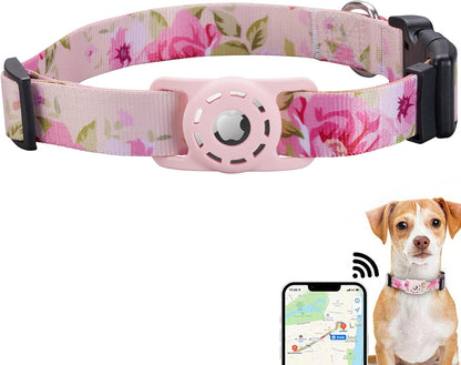 Dog Collar, Compatible with AirTag, Polyester Pet Cat Puppy Collar for Small, Medium, Large, & Extra Large Dogs, Pink Rose, S: 9.8''-15.7'' Neck