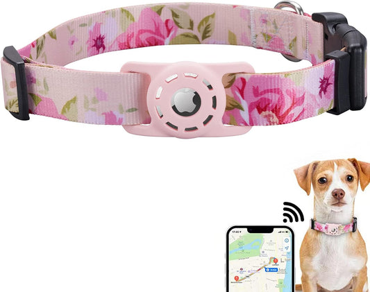 Dog Collar, Compatible with AirTag, Polyester Pet Cat Puppy Collar for Small, Medium, Large, & Extra Large Dogs, Pink Rose, S: 9.8''-15.7'' Neck