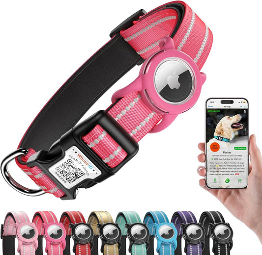 Airtag Dog Collar with QR Code, Reflective Dog Collar with Airtag Holder, Soft Padded & Safety Locking Buckle Adjustable Dog Collar for Large Dogs