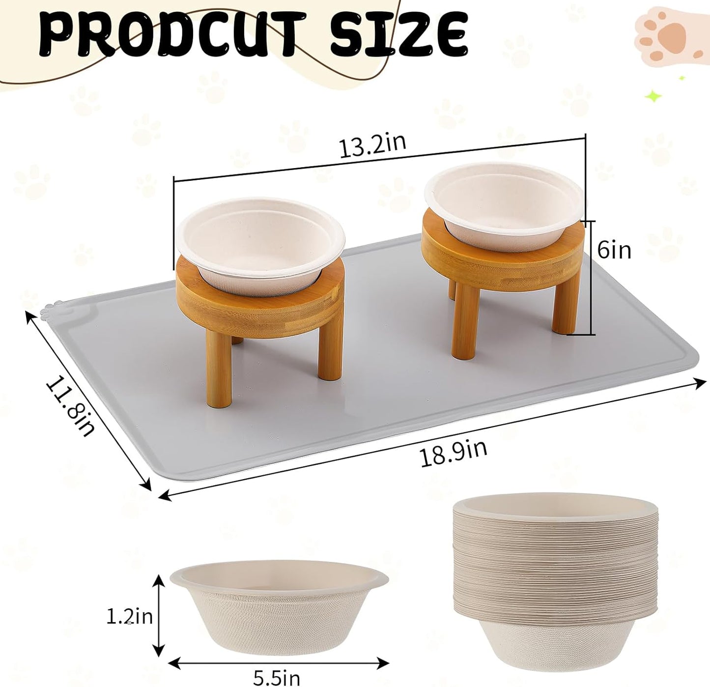 LemonRoad 53 Pcs Disposable Cat Bowls with Food Mat 50 Compostable Disposable Pet Bowls 2 Elevated Wooden Stand Cat Food and Water Dishes for Cats Puppies Travel Camping Outdoor Use