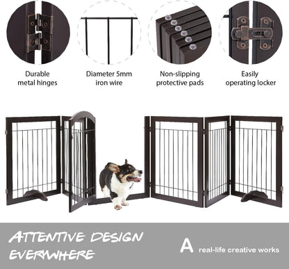 PAWLAND 144-inch Extra Wide 30-inches Tall Dog gate with Door Walk Through, Freestanding Wire Pet Gate for The House, Doorway, Stairs, Pet Puppy Safety Fence, Support Feet Included, Espresso,6 Panels
