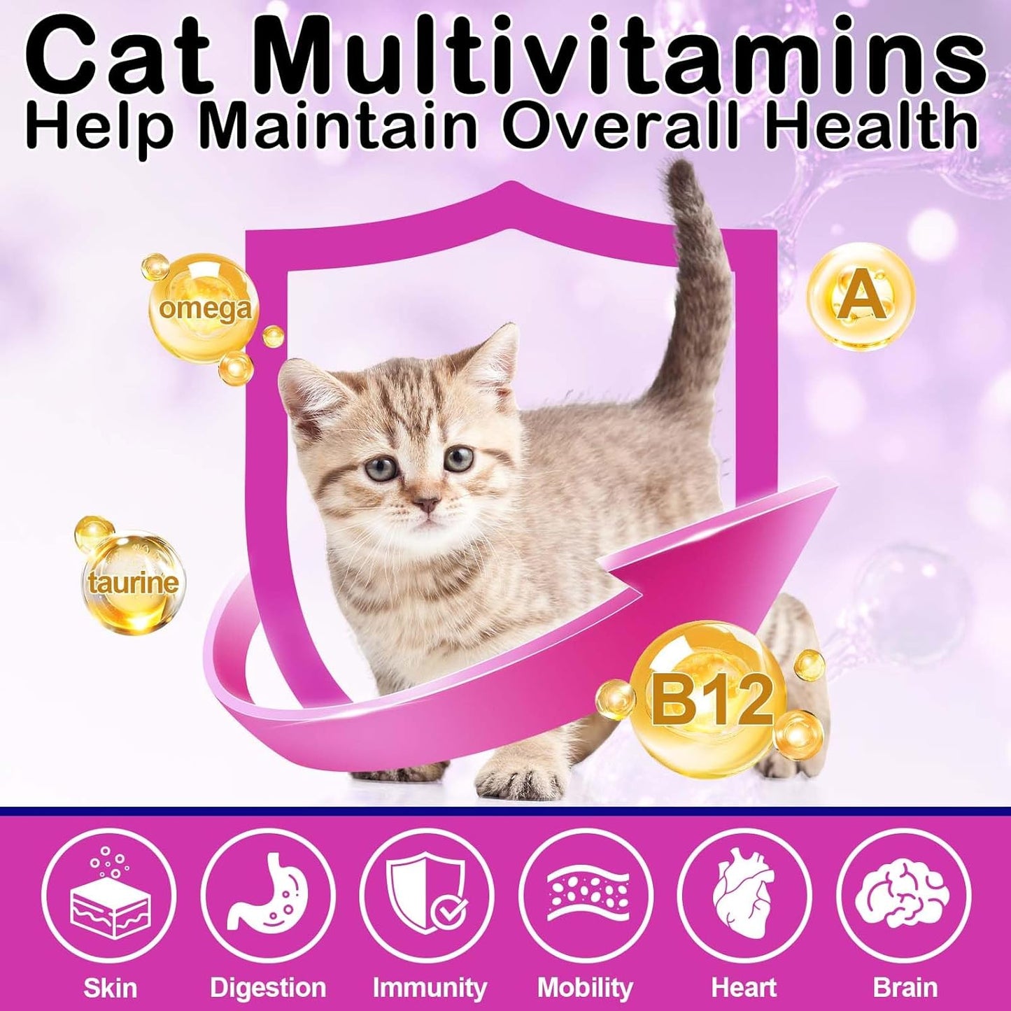 Cat Multivitamin Treats, 15-in-1 Cat Chews for Health, Immune, Digestive, Skin & Coat - Chicken Flavor Soft-Crunchy Bites with Taurine, Omega Fatty Acids, Prebiotics & Vitamins (3.7 oz)