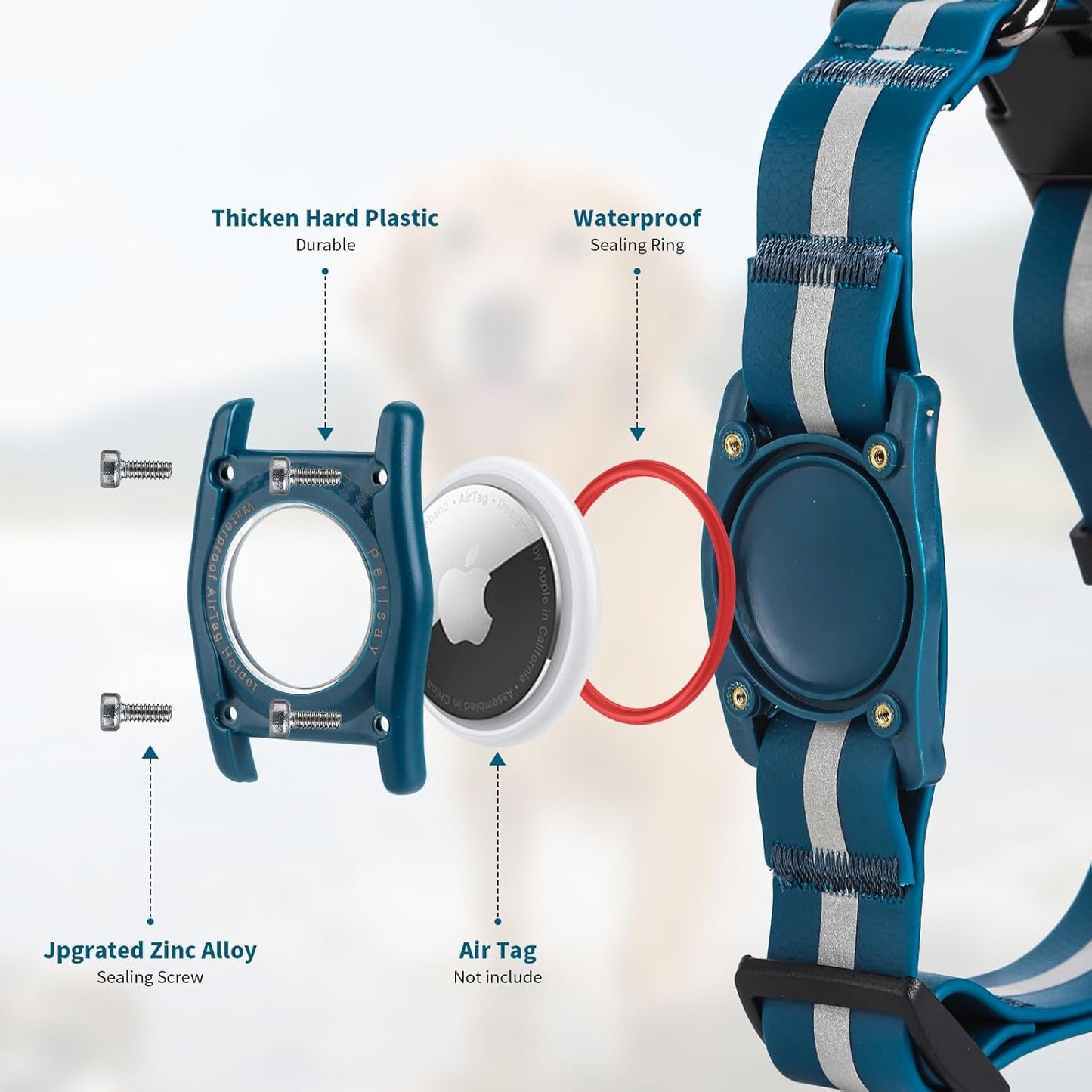 Dog Collar with AirTag Holder - IP68 Waterproof, Odorproof, Tearproof, Reflective, Adjustable Biothane AirTag Dog Collar by PetIsay(Red, M)