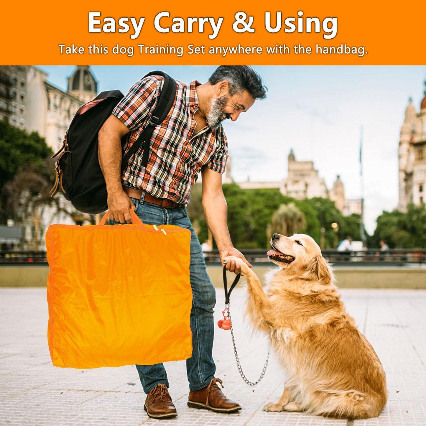 Premium Dog Agility Training Set Outdoor Indoor Game, Tire Jump + Hurdle Jump, Tunnel, Weave Poles, Pause, 2 Toy Balls, 2 Discs, 1 Whistle, 1 Bag, 2 Training Clicker Backyard Dog Obstacle Course Kit