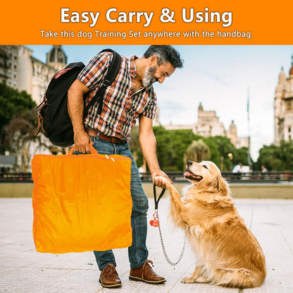 Premium Dog Agility Training Set Outdoor Indoor Game, Tire Jump + Hurdle Jump, Tunnel, Weave Poles, Pause, 2 Toy Balls, 2 Discs, 1 Whistle, 1 Bag, 2 Training Clicker Backyard Dog Obstacle Course Kit