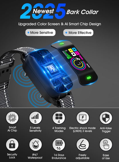 Smart Dog Bark Collar, Anti Barking Training Collar with 4 Training Modes, 5 Adjustable Sensitivity Levels, Waterproof and Magnetic Charging, Smart Bark Collar for Large Medium Small Dogs (Black)