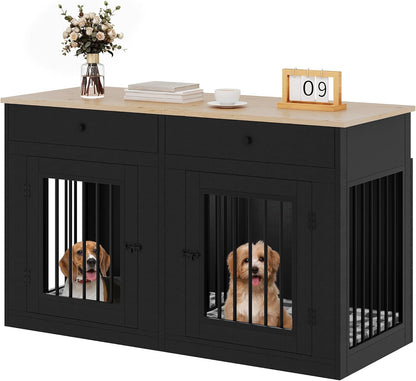 YITAHOME 60" Double Wooden Dog Crate Furniture with Removable Divider & Storage Drawers, 2 Doors Kennel with Locks for Medium & Large Dogs, Multi-Functional Dog Crate End Table for Indoor use, Black