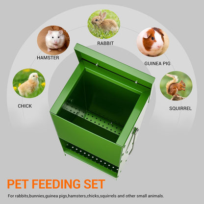 Rabbit Feeders Automatic for Cages,5 Pound Large Metal Trough Feeder with Lid Galvanized Steel Outdoor Bunny Food Dispenser for Rabbits Chicken Guinea Pig Pet and Other Small Animals Green
