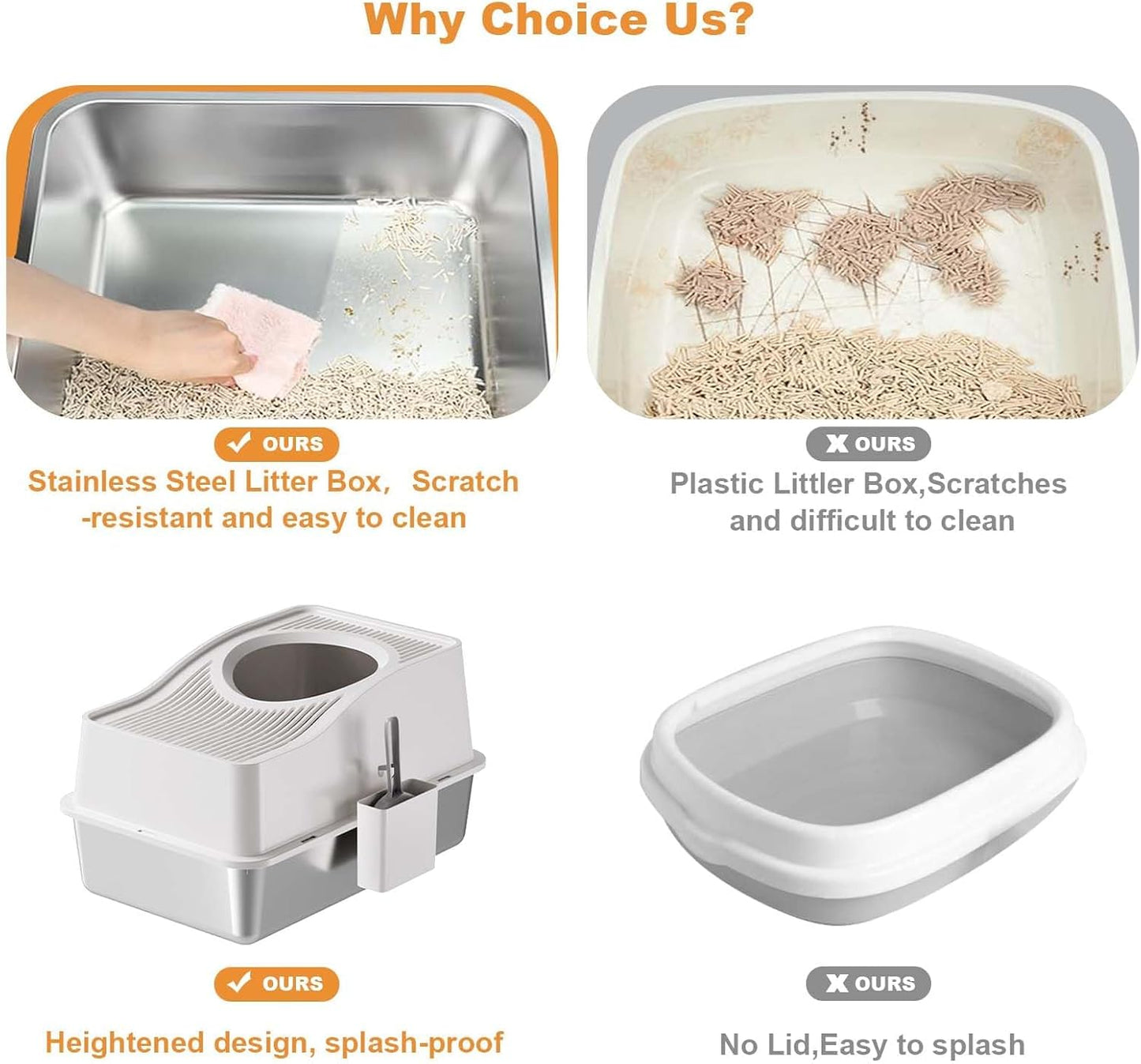 Stainless Steel Enclosed Cat Litter Box with High Sided Lid – Odor Control, Easy Clean Detachable Tray, Litter Mat & Scoop, Anti-Splash Hidden Cat Furniture for Kittens & Adult Cats