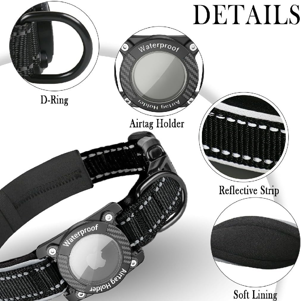 Upgraded AirTag Dog Collar, IP68 Waterproof Dog Collar with Apple Air Tag Holder, Reflective Adjustable Heavy Duty Dog Collars with Soft Padded for Small, Medium and Large Dogs,Black, L