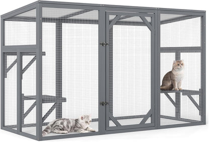 Outdoor Cat Catio House, Wooden Cat Habits with 3 Platforms, Lockable Doors, Top PC Sun Roof, Patio Yard Window Enclosures, Weatherproof, Gray
