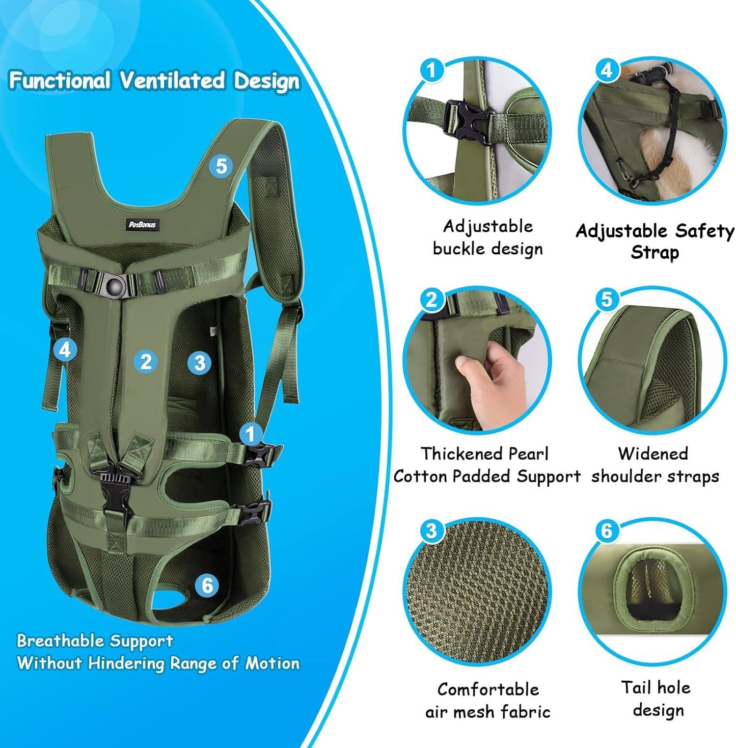 PetBonus Pet Front Dog Carrier Backpacks, Adjustable Pet Backpack, Legs Out Easy-fit Puppy Chest Carrier for Medium Small Dogs, Hands Free for Hiking, Cycling (Army Green, XL)