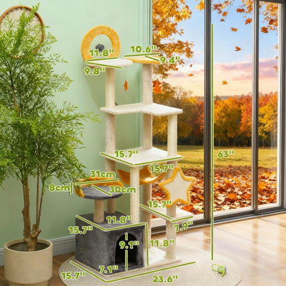 63'' Moon & Star Themed Cat Tree Tower for Indoor Cats - Extra Tall Cat Condo with Plush Bed, 5-Tier Platform, Multiple Cat Scratching Posts & Anti-Tip Design (Supports 1-2 Cats Up to 11 lbs)